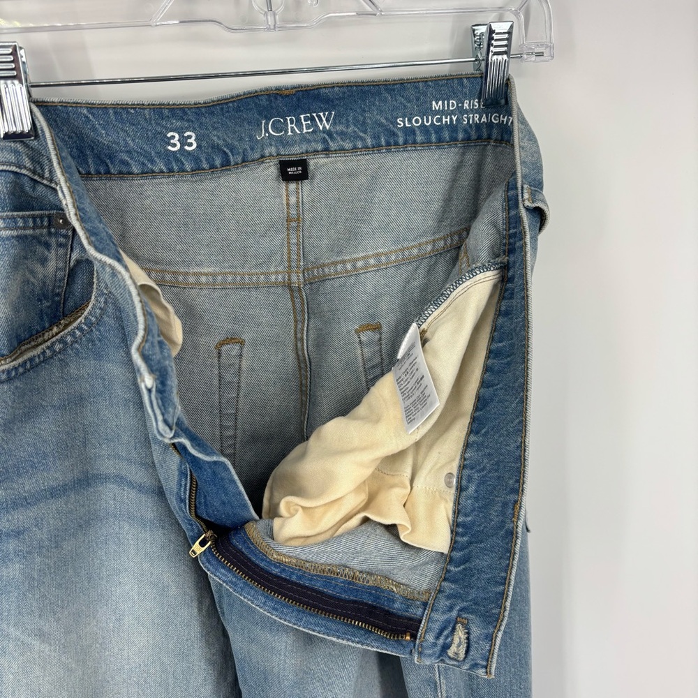 J CREW Mid Rise Slouchy Straight Jeans with Paint Splatter Ice Blue Wash Size 33 - Picture 11 of 12